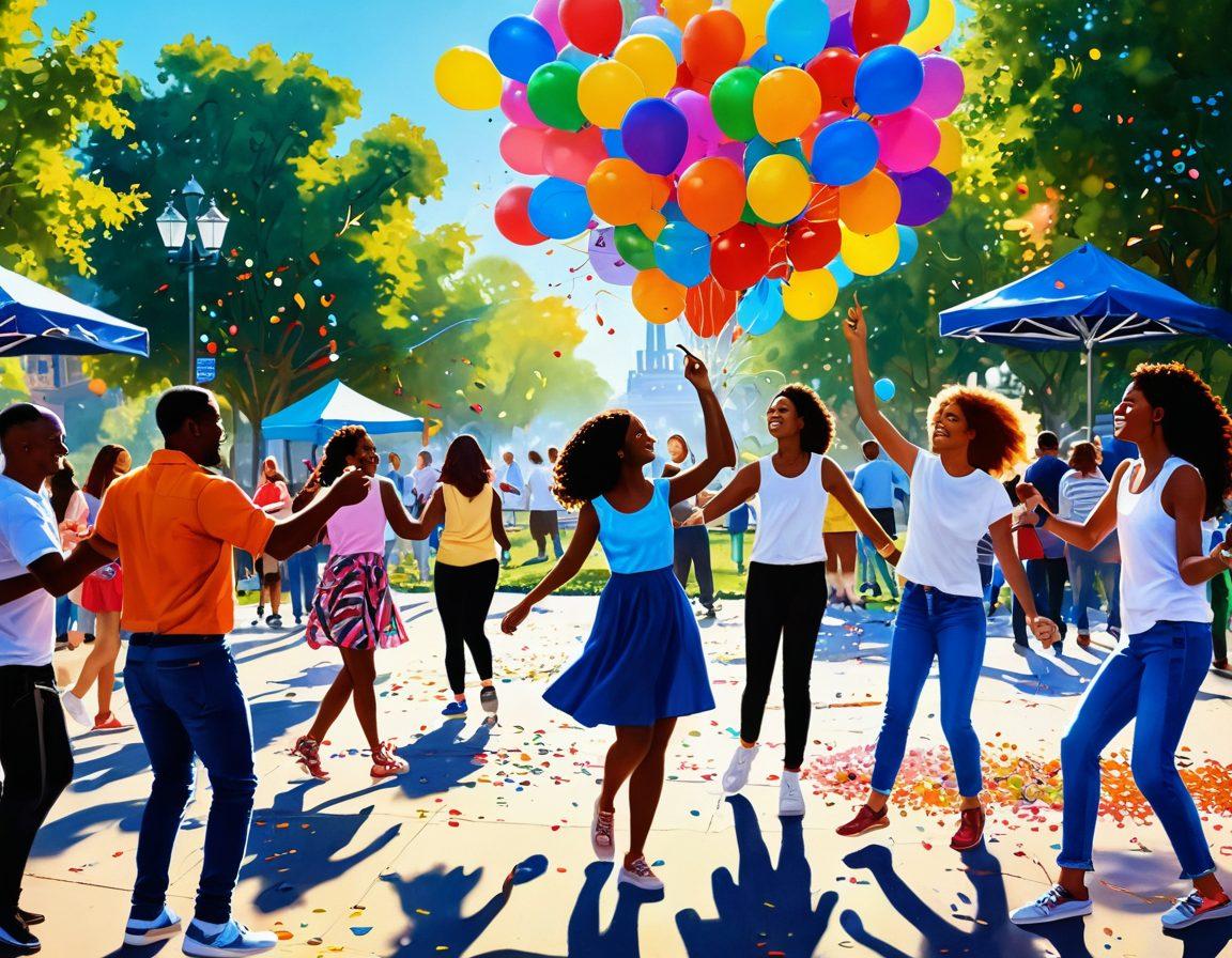 A vibrant, sunlit scene depicting a diverse group of people joyfully engaging in various activities, like dancing, painting, and sharing meals in a lively urban park. Colorful balloons and confetti are scattered throughout, symbolizing celebration and happiness. In the background, iconic global landmarks represent a connected world. The atmosphere is filled with energy and warmth. super-realistic. vibrant colors. bright background.