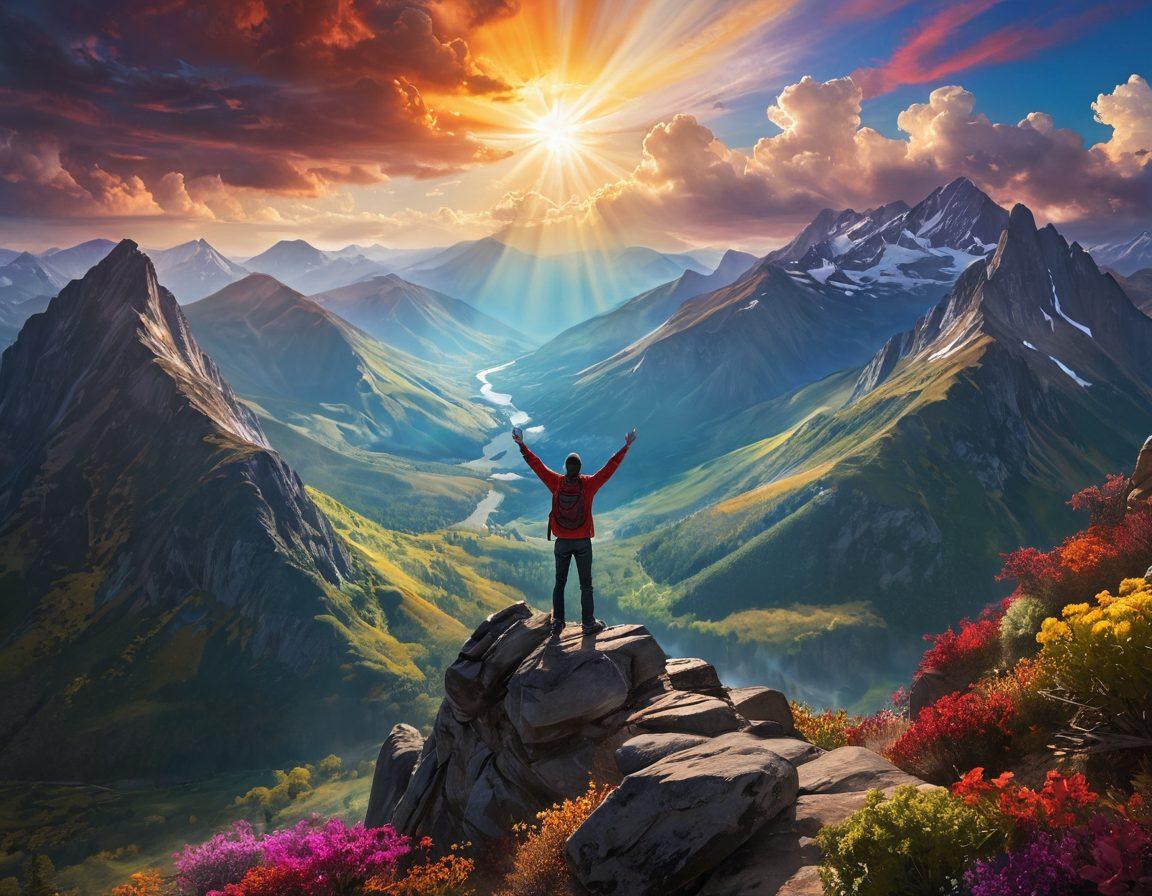 A person standing triumphantly on a mountain peak, arms raised to the sky, surrounded by vibrant, swirling colors symbolizing hope and joy. Below, a lush valley represents opportunity, while faint shadowy figures highlight challenges overcome. The sun breaks through clouds, illuminating their path ahead. super-realistic. vibrant colors. inspirational.