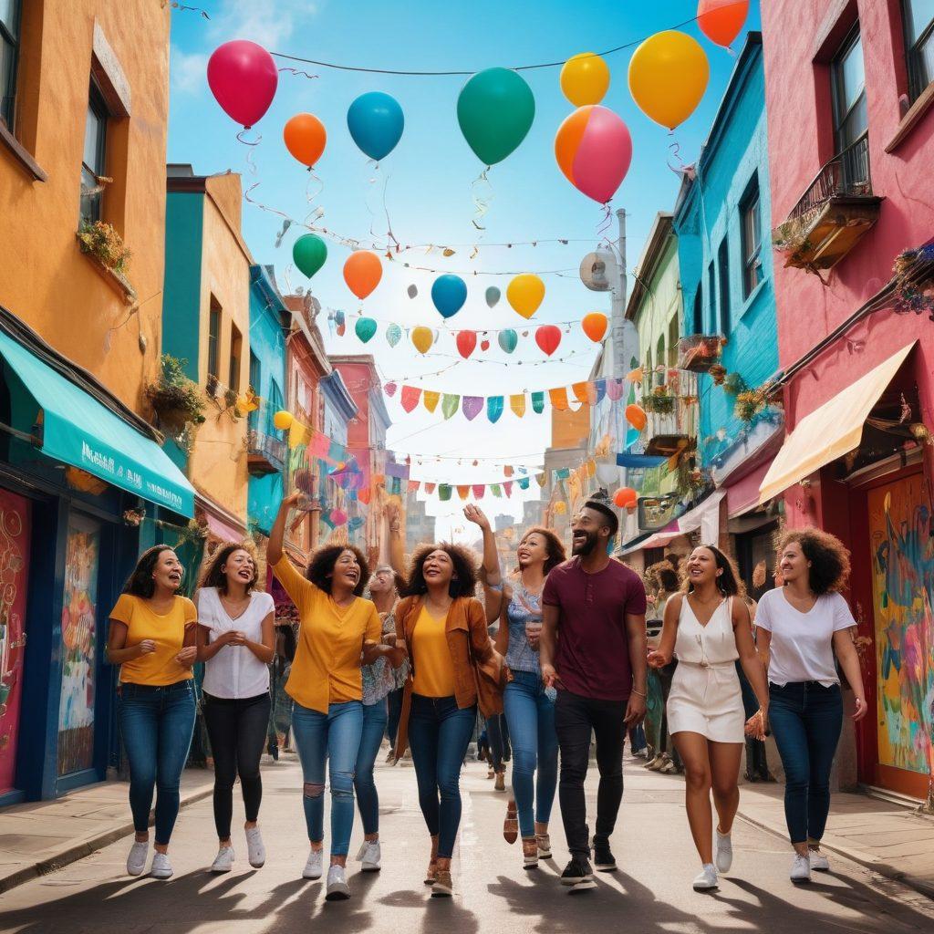 A diverse group of people of various backgrounds laughing and celebrating together in a vibrant cityscape filled with colorful buildings and street art, showcasing elements of joy and cultural richness. In the foreground, whimsical party decorations and joyful expressions radiate positivity. The atmosphere should feel alive with music notes floating in the air, symbolizing unity and happiness amidst the urban setting. super-realistic. vibrant colors. metropolitan style.